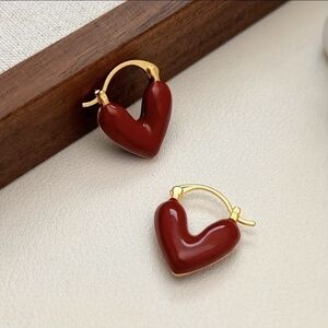 NEW Red Enamel 3D Puffy Heart Gold Huggie Hoop Earrings